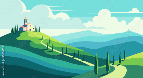 Vibrant Tuscan Landscape vector illustration with rolling hills, a winding road, and a charming village, perfect for travel and tourism