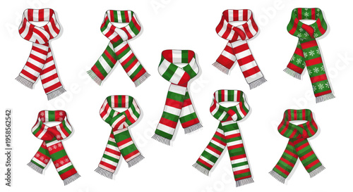 Christmas Scarves Collection: Festive Red, Green, and White Striped Knitted Winter Accessories