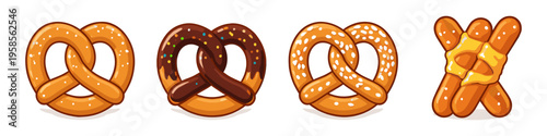 Collection of four cartoon-style pretzels with different toppings and styles