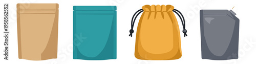 Collection of four different types of packaging pouches and bags