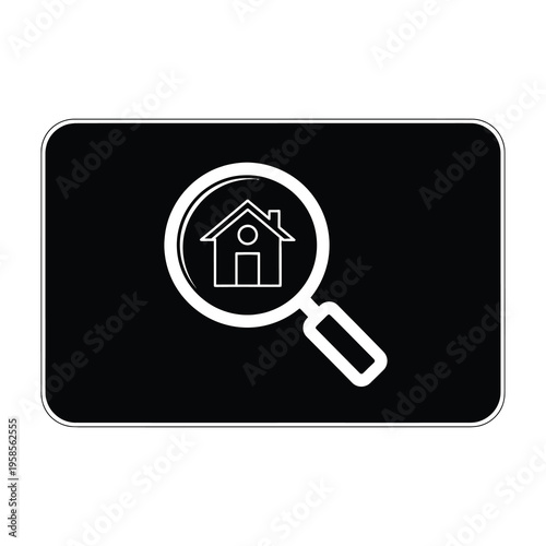 Simple white house icon inside magnifying glass on black background with rounded corners and subtle shadow