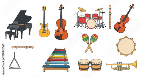 Collection of Musical Instruments - Piano, Guitar, Violin, Drums, Trumpet, Xylophone