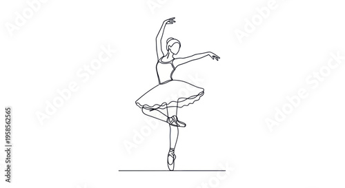 Elegant ballerina dancing, single line art drawing, ballet dancer in tutu and pointe shoes