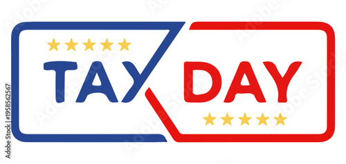 Tax Day Vector Illustration with Blue and Red Text, Gold Stars, and White Background for Financial and Business Concepts