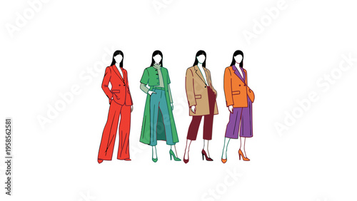 Woman Fashion Illustration Set in Colorful Professional Outfits
