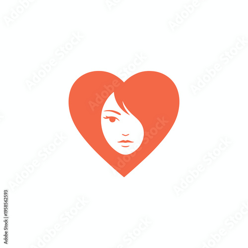 Woman Face in Heart Shape Logo Design on White Background