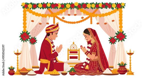 Indian Wedding Ceremony: Couple in Traditional Attire Under Floral Mandap