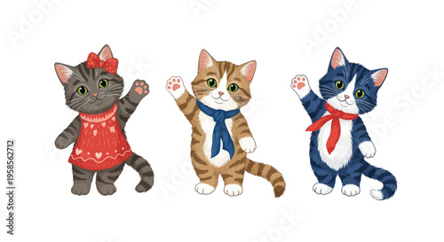 Three Cute Kittens Waving Hello, Adorable Cartoon Cats with Scarves and Dress