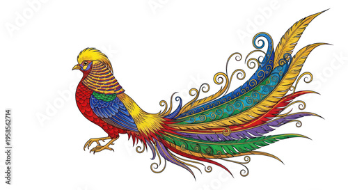 Vibrant Golden Pheasant with Elaborate Tail Feathers, Oriental Art Style