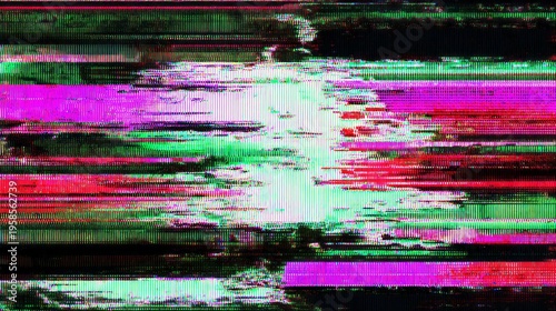 Vivid horizontal bands of digital noise and color distortion create a vibrant abstract background