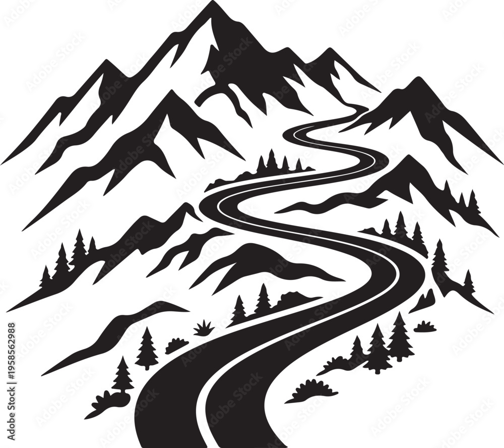 Fototapeta premium Black silhouette of a winding road through mountains and trees on white background, scenic landscape illustration.