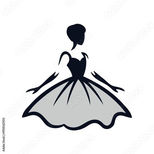 Logotipo de boutique de moda femenina. Dibujo sencillo con líneas de una mujer con guantes y un vestido con falda elegante