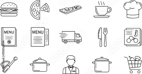 Restaurant and Food Delivery Icon Set Gastronomy Cooking Menu Design and Kitchen Tools Thin Line Vector Icons