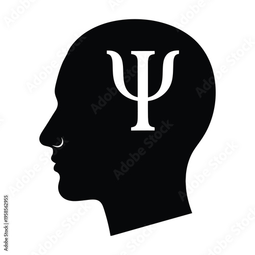 Human head silhouette with psychology symbol on white background representing mental health and cognitive concepts black profile view with psi character