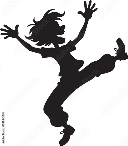 Silhouette of a young girl jumping in the air with arms raised in joy and freedom outdoors