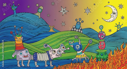 Whimsical illustration of fantastical creatures on rolling hills under starry night sky with crescent moon