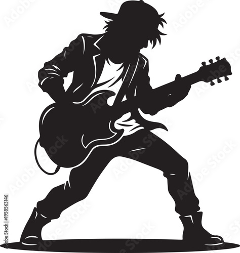 Silhouette of a young man playing an electric guitar dynamically, rock music performance.