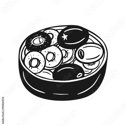 A different kind of olives in an open tin can, a bowl. Healthy foods, traditional cuisine, kitchen topics. Hand-drawn vector illustration