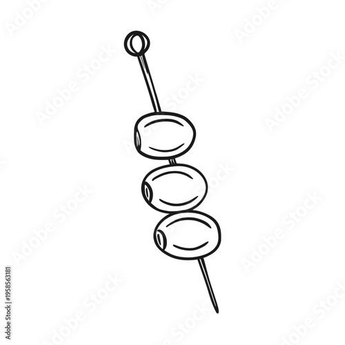 Three olives on a cocktail skewer, perfect for appetizers and garnishes, restaurant menus, branding, logo. Hand-drawn sketch vector illustration