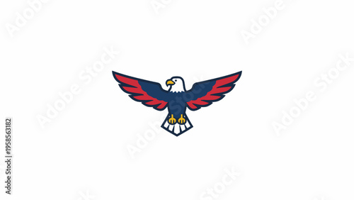 Bald eagle mascot logo with spread wings in red and blue
