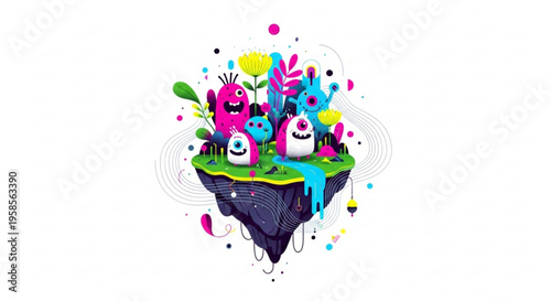 Colorful cartoon creatures on a floating island with vibrant plants and abstract shapes expressing joy and fantasy
