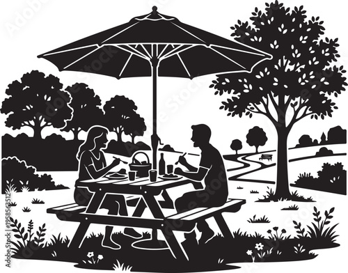 Couple on romantic picnic date in park with umbrella, enjoying quality time together outdoors.