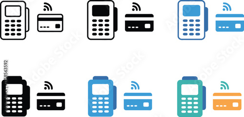 Cashless purchase symbol, card and reader illustration, curved motion waves for tap to pay, contactless payment icon, digital wallet graphic, secure payment system, minimal vector design.