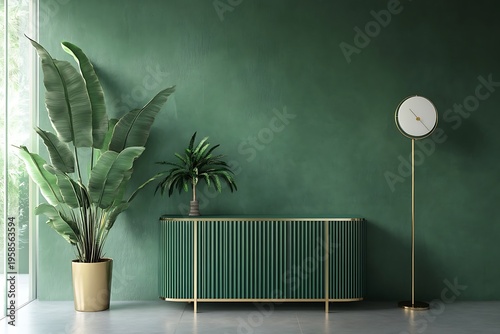 A stylish green living space showcases a fluted cabinet, a tall golden clock lamp, and lush tropical plants