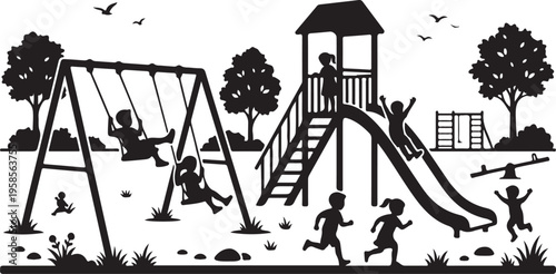 Black silhouette illustration of children playing on outdoor playground equipment in a park with trees