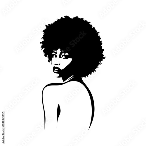 Logotipo de salón de belleza. Dibujo de chica pin up sexy con peinado afro