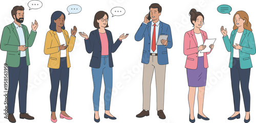 Diverse group of young people standing in line holding gadgets books and coffee in flat line art vector style for modern web design UI and social media content