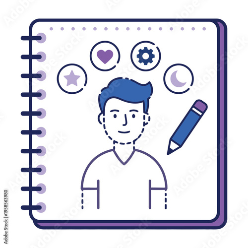 Man with creative ideas and symbols on notebook page with pencil for inspiration and brainstorming