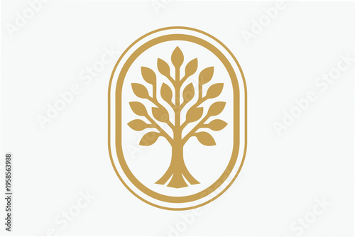Minimalist Golden Tree Logo Emblem in Oval Frame