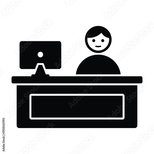 Woman working at desk with computer monitor in simple black and white illustration style