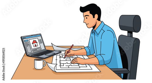 A man works on architectural plans with a laptop taking notes with a pencil a flat design silhouette high quality professional