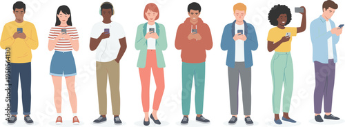 Diverse group of young people using smartphones for social media mobile communication and digital networking in flat character vector illustration for web design