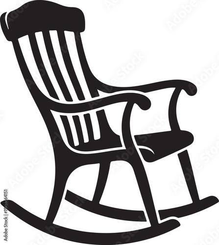 Black silhouette of a classic wooden rocking chair on white background, simple furniture icon