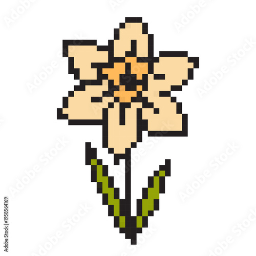 Easter daffodil pixel art icon. Retro 8-bit style yellow narcissus flower with green leaves. Minimalist floral vector illustration isolated on white. Simple game aesthetic spring blossom symbol.
