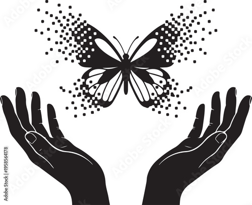 Hands releasing a digital butterfly formed by dots and particles, symbolizing transformation and freedom, new beginning