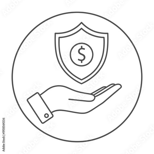 Hand holding shield with dollar sign icon for financial security and protection in simple line art style