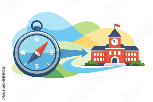 Compass pointing towards a school building illustration.