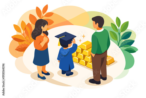 Family celebrates childs graduation with gold bars investment concept.