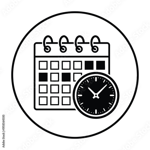 Calendar and clock icon in circle symbolizing time management and organization