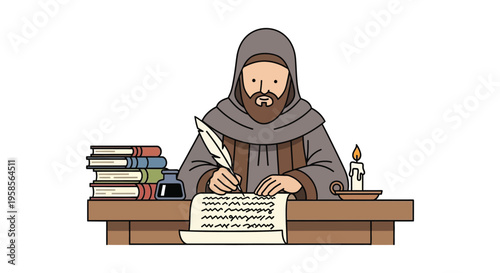 A medieval monk diligently writes at a wooden desk with books and a candle presented as a silhouette high quality professional