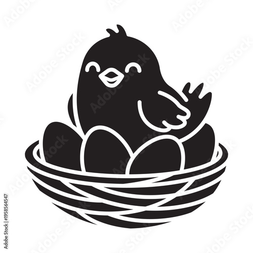 Solid bird in nest with eggs icon. Minimalist black silhouette, spring Easter theme. Professional flat vector illustration, isolated on white. Bold graphic for clean holiday designs.