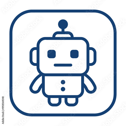 Cute robot character with a sad expression in a blue outline on a white background for design use