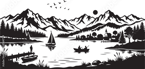 Serene lake scene with sailboat, rowboat, and mountain range at sunset or sunrise