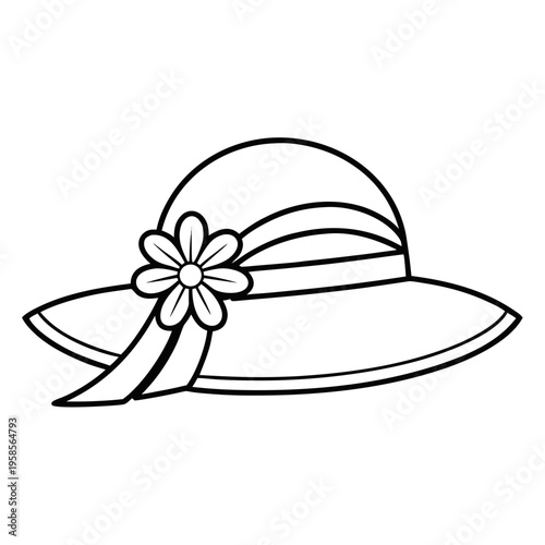Black and white illustration of a summer hat with a flower on it