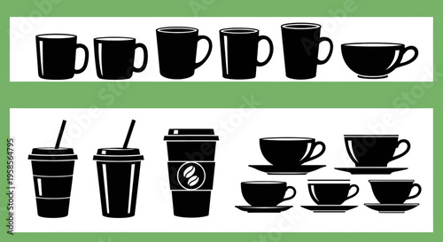 Black and white silhouettes of various coffee and tea cups and mugs mug cup silhouette beverage drink icon symbol illustration set collection types shapes forms