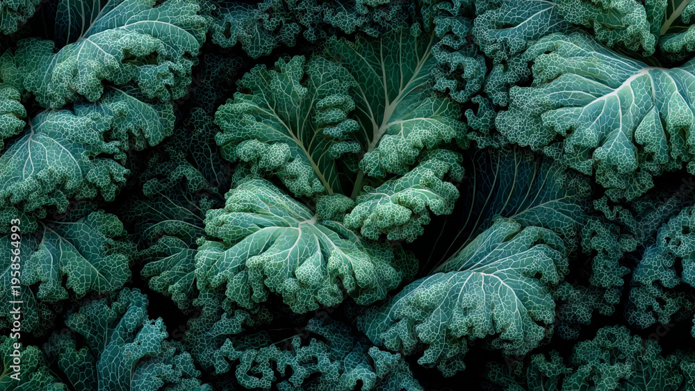 Fototapeta premium Hand-painted watercolor illustration of kale leaves in full frame composition, dense overlapping curly greens with deep texture and rich green tones, ideal for food background.